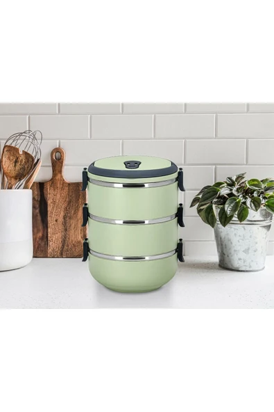 Penguen kulplu çelik sefer tası - yemek termosu saklama kabı 3 katlı yeşil ürün görseli 1