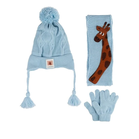 Kitti Bebe Erkek Atkı Bere Eldiven Takım (1-4 Yaş) K24160-09 Açık Mavi ürün görseli