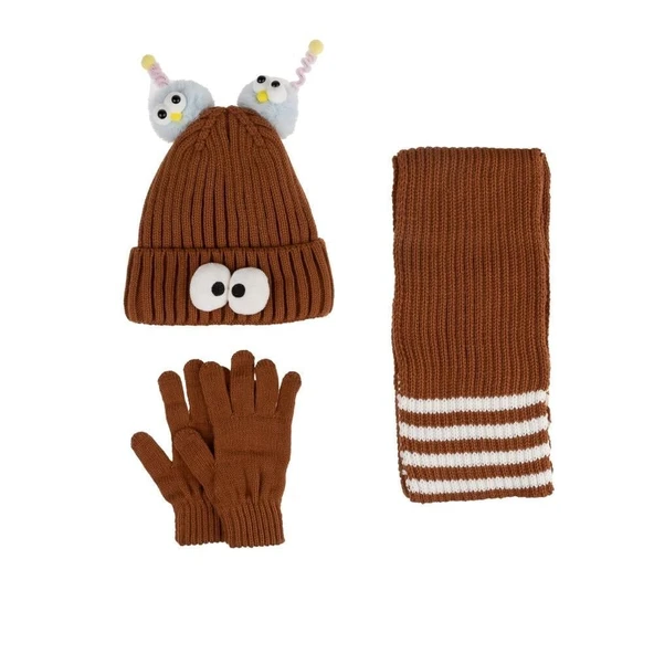 Kitti Çocuk Kız Atkı Bere Eldiven Takım (4-8 Yaş) K24170-09 Kahverengi ürün görseli 1
