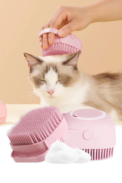Şampuan Hazneli Kedi Ve Köpek Evcil Hayvan Yıkama Fırçası Silikon Pembe