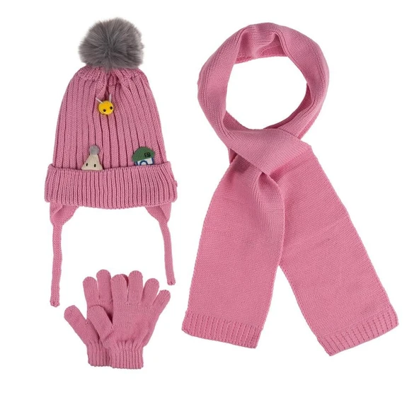 Kitti Bebe Kız Atkı Bere Eldiven Takım (1-4 Yaş) K24160-03 Pembe ürün görseli