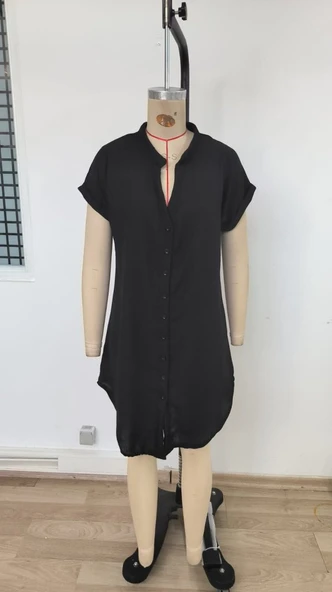 Kadın Kısa Kollu önden Düğmeli Ithal Keten Elbise - Resim 6