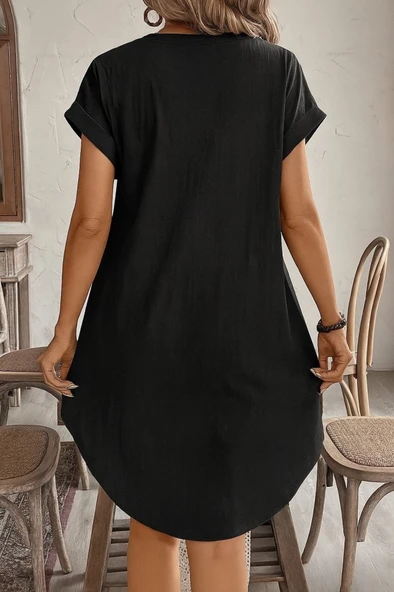 Kadın Kısa Kollu önden Düğmeli Ithal Keten Elbise - Resim 4