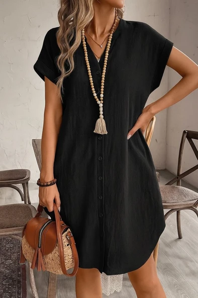 Kadın Kısa Kollu önden Düğmeli Ithal Keten Elbise ürün görseli