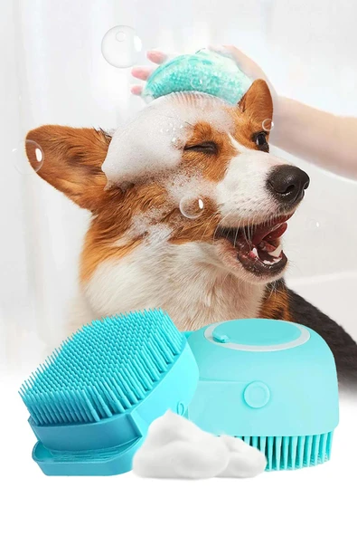 Şampuan Hazneli Kedi Ve Köpek Evcil Hayvan Yıkama Fırçası Silikon Mavi