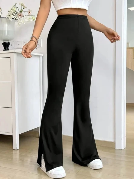 Kadın Yüksek Bel Paçaya Doğru Genişleyen Yandan Yırtmaçlı Dalgıç Pantolon - Resim 3