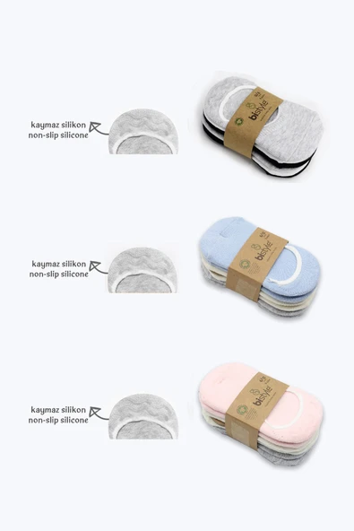 Bistyle 6'Lı Silikonlu Babet Penye Çorap BS30101B Pembe Ekru Gri - Resim 3