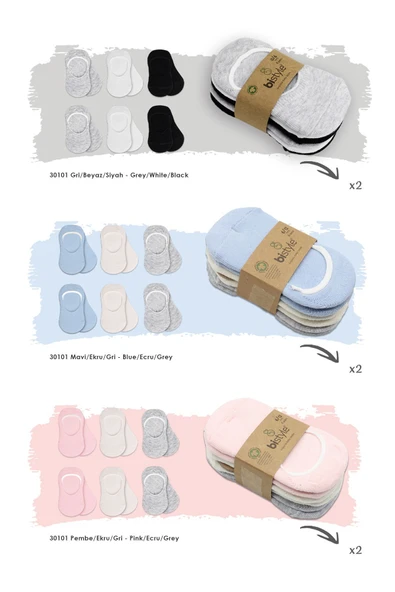 Bistyle 6'Lı Silikonlu Babet Penye Çorap BS30101B Mavi Ekru Gri - Resim 2