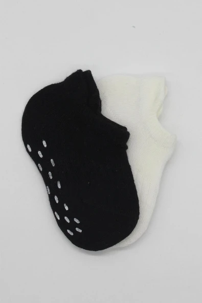 Bistyle 2'Li Sneakers Kaymaz Basic Penye Çorap BS20103 Siyah Ekru - Resim 3
