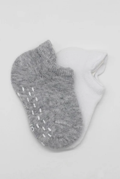 Bistyle 2'Li Sneakers Kaymaz Basic Penye Çorap BS20103 Gri Beyaz - Resim 4