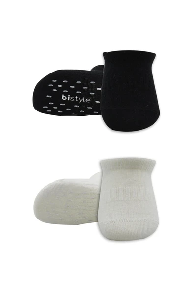 Bistyle 2'Li Sneakers Kaymaz Basic Penye Çorap BS20103 Siyah Ekru - Resim 2