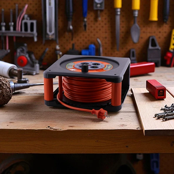 Makaralı CCA Uzatma Kablosu 3x2.5 mm 30 Metre 4 Prizli Monofaze Termal Sigortalı Plastik Seyyar - Resim 6