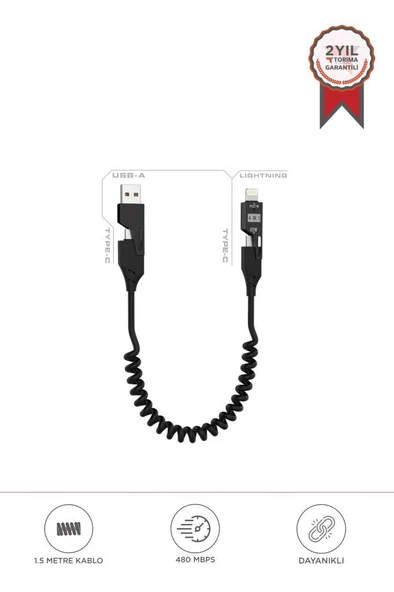 Torima U110 Siyah 4'ü 1 arada ( Type-c , Lightning , USB-A,) 65 W Super Hızlı Akordiyonlu Şarj Kablosu ürün görseli