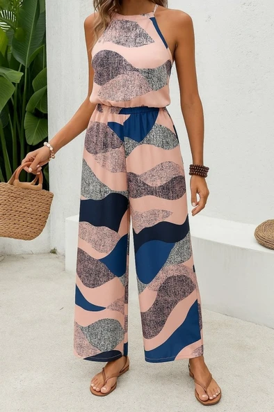 Kadın Omuzlardan Açık Boyundan Geçmeli Beli Lastikli Desenli Dalgıç Tulum ürün görseli