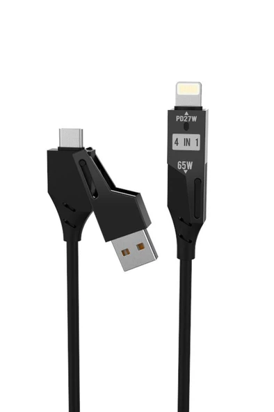 Torima U110 Siyah 4'ü 1 arada ( Type-c , Lightning , USB-A,) 65 W Super Hızlı Akordiyonlu Şarj Kablosu - Resim 6
