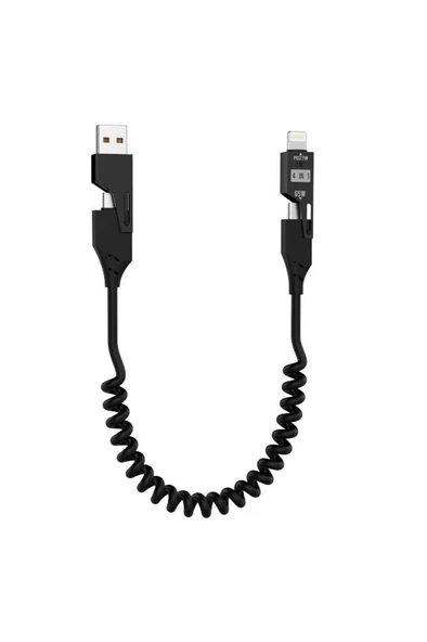 Torima U110 Siyah 4'ü 1 arada ( Type-c , Lightning , USB-A,) 65 W Super Hızlı Akordiyonlu Şarj Kablosu - Resim 3