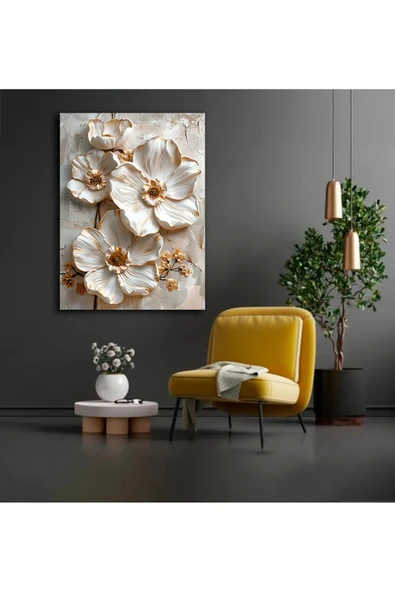 Krem Beyaz Kabartma Görünümlü Dekoratif Kanvas Tablo - 4