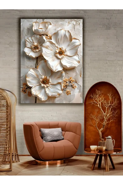 Krem Beyaz Kabartma Görünümlü Dekoratif Kanvas Tablo