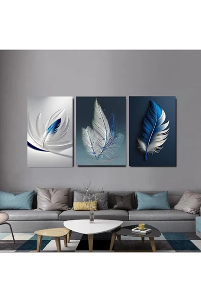 3 LÜ MAVİ BEYAZ DEKARASYON KANVAS TABLO EV DUVAR SALON OFİS DÜKKAN HEDİYELİK HOL