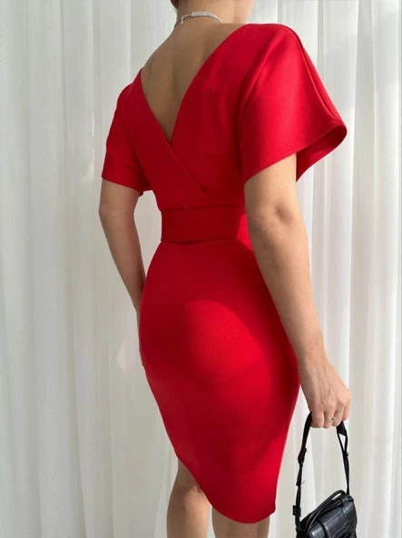 Kadın Dalgıç Krep V Yaka Ve Sırt Dekolte Detaylı Elbise - Resim 5