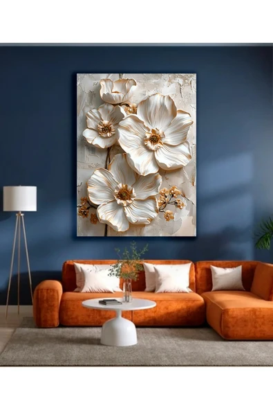Krem Beyaz Kabartma Görünümlü Dekoratif Kanvas Tablo - 3