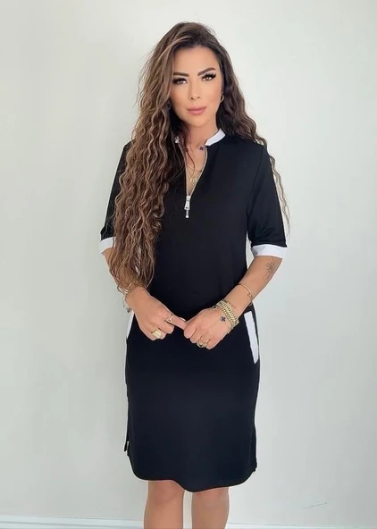 Kadın Kısa Kollu Yakadan Fermuarlı Cepli Yandan Yırtmaçlı Viskon Elbise - Resim 2