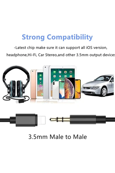 iPhone Uyumlu Aux Kablosu Lightning To 3.5mm Jack Çevirici Dönüştürücü Beyaz Bluetooth Gerektirmez - 7