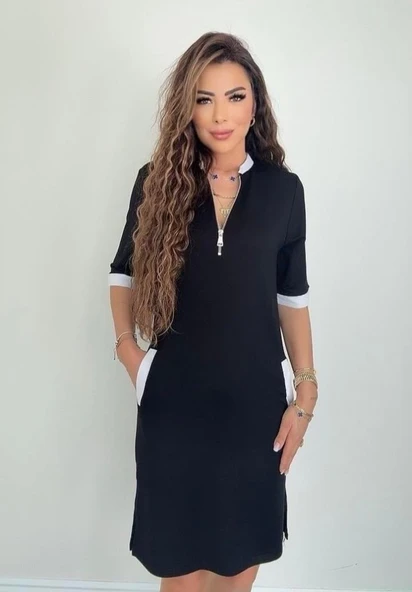 Kadın Kısa Kollu Yakadan Fermuarlı Cepli Yandan Yırtmaçlı Viskon Elbise - Resim 3