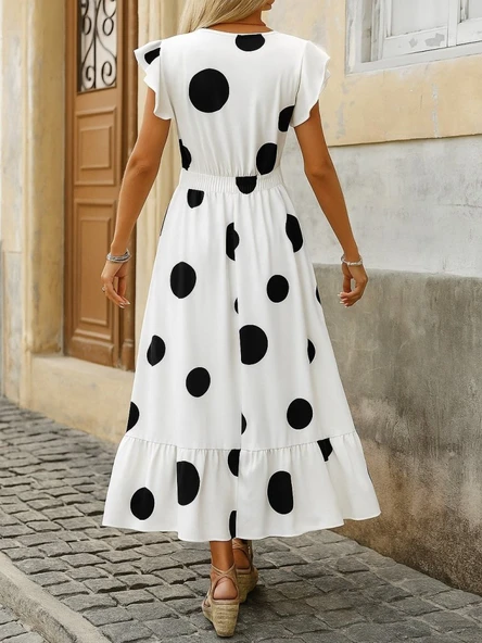 Kadın Kısa Kollu Kruvaze Yakalı Fırfırlı Süprem Elbise - Resim 3