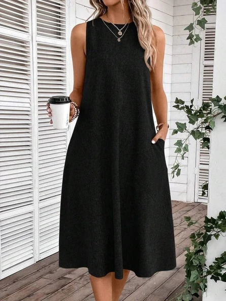 Kadın Kolsuz Bisiklet Yaka Cepli Midi Keten Elbise - Resim 4