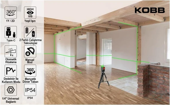 Kobb KBL33G 40 mt Şarjlı Otomatik Hizalamalı Yeşil Çapraz Çizgi Lazeri Outlet - 4