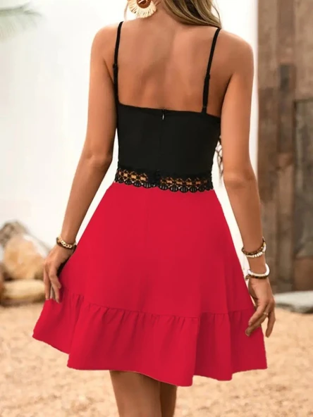 Kadın Ip Askılı Kruvaze Yaka Bel Dantel Ithal Krep Elbise - Resim 4