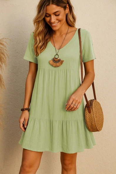 Kadın Kısa Kollu V Yakalı Fırfırlı Bürümcük Elbise ürün görseli