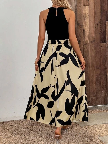 Kadın Sıfır Kollu Yakadan şeritli Omuzlardan Açık Janjan Krep Desenli Al Dalgıç Maxi Elbise - Resim 3