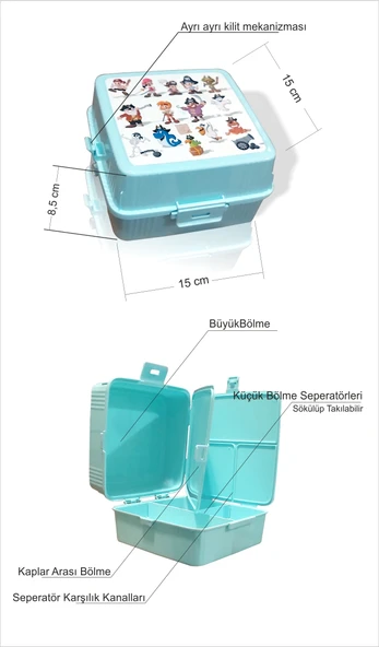 İki 2 Adet Büyük 15x15 cm Çok Gözlü Bölmeli Okul Çocuk Beslenme Yemek Saklama Kabı Kutusu Tabağı