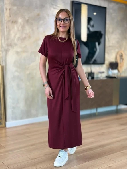 Kadın Kısa Kollu Bisiklet Yaka Yandan Bağlamalı Viskon Iki Iplik Elbise - Resim 3