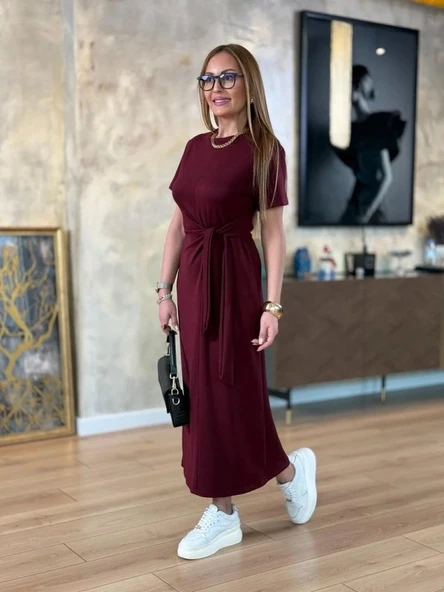 Kadın Kısa Kollu Bisiklet Yaka Yandan Bağlamalı Viskon Iki Iplik Elbise - Resim 2