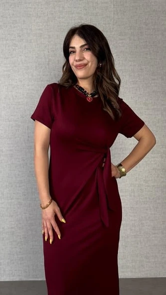 Kadın Kısa Kollu Bisiklet Yaka Yandan Bağlamalı Viskon Iki Iplik Elbise - Resim 12