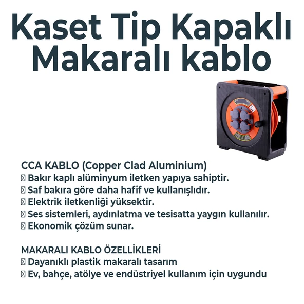 Makaralı CCA 3x1.5 mm 50 Mt Uzatma Kablosu Kapaklı 4 Prizli Monofaze Termal Sigortalı Plastik Seyyar - Resim 2