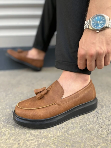 JY154 Blaze Bağcıksız Püsküllü Cilt Erkek Günlük Spor Klasik Ayakkabı CST - Taba - Resim 3