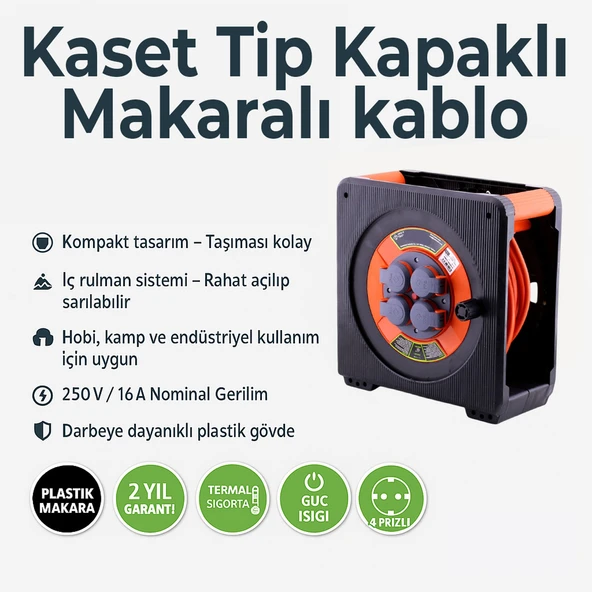 Makaralı CCA 3x1.5 mm 50 Mt Uzatma Kablosu Kapaklı 4 Prizli Monofaze Termal Sigortalı Plastik Seyyar - Resim 3