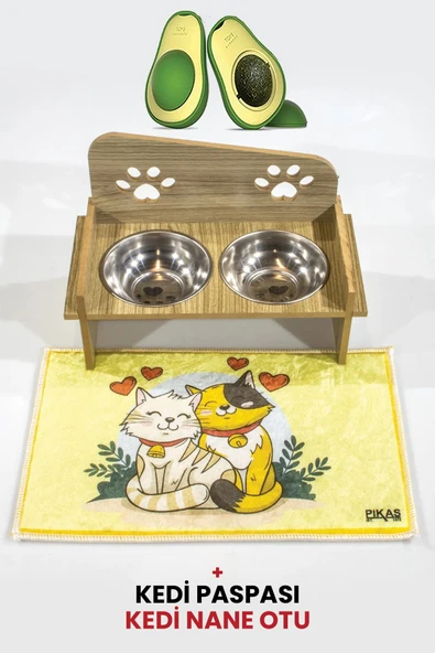 İsme Özel Pati Mama Kabı 2 Kaseli Kedi Köpek Suluk Mamalık, Paspas ve Avokado Kedi Nanesi Hediye