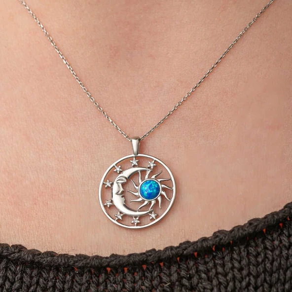 Gümüş Opal Mavi Taşlı Ay Güneş Kadın Kolye - Resim 6