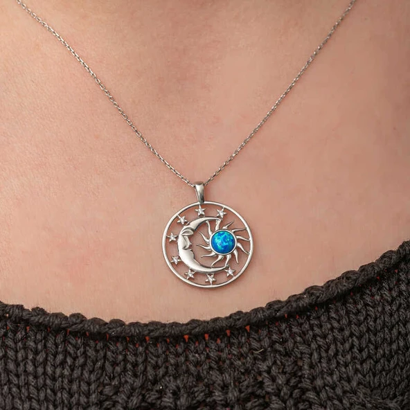 Gümüş Opal Mavi Taşlı Ay Güneş Kadın Kolye - Resim 5