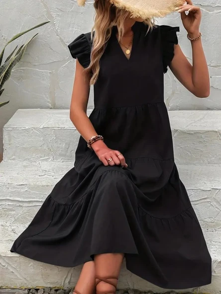 Kadın Kısa Kollu V Yakalı Geniş Kesim Uzun Trikoton Elbise ürün görseli