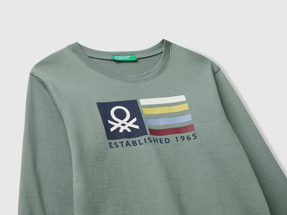 Erkek Bebek Haki Organik Pamuklu Önü Logo Baskılı Uzun Kollu Jarse T-shirt - 3