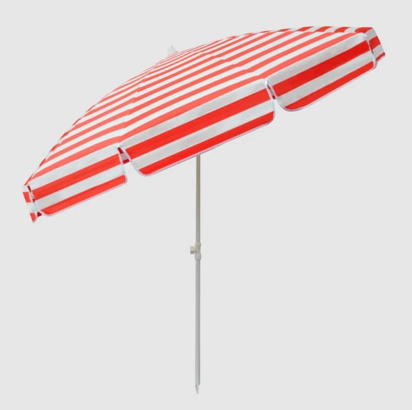 Plaj Şemsiyesi Kırmızı Beyaz Renkli 8 Telli 180 CM Çap Eğim Verilebilir - Resim 3