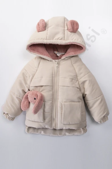 YENİ Tavşanlı Fermuarlı İçi Peluş Kürklü Kalın Kapüşonlu Kar Şişme Kışlık Kız Bebek Mont Çocuk Kaban - 9