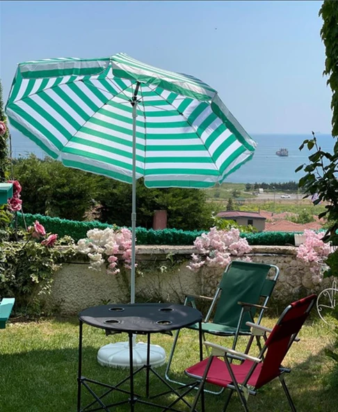 Plaj Şemsiyesi 200 CM Çap Yeşil Beyaz Renkli 8 Telli Eğim Verilebilir - Resim 6