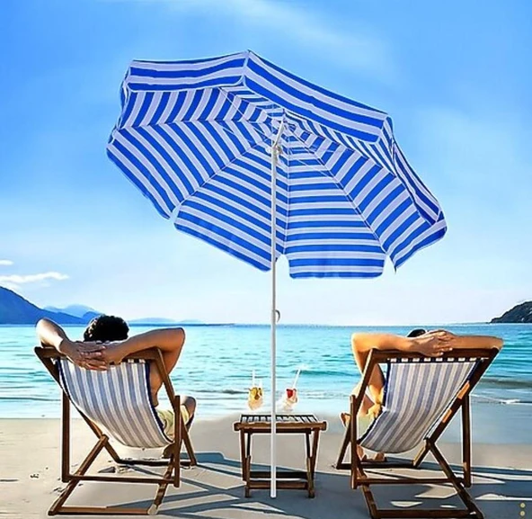 Plaj Şemsiyesi 8 Telli 200 CM Çap Mavi Beyaz Renkli Eğim Verilebilir - Resim 4